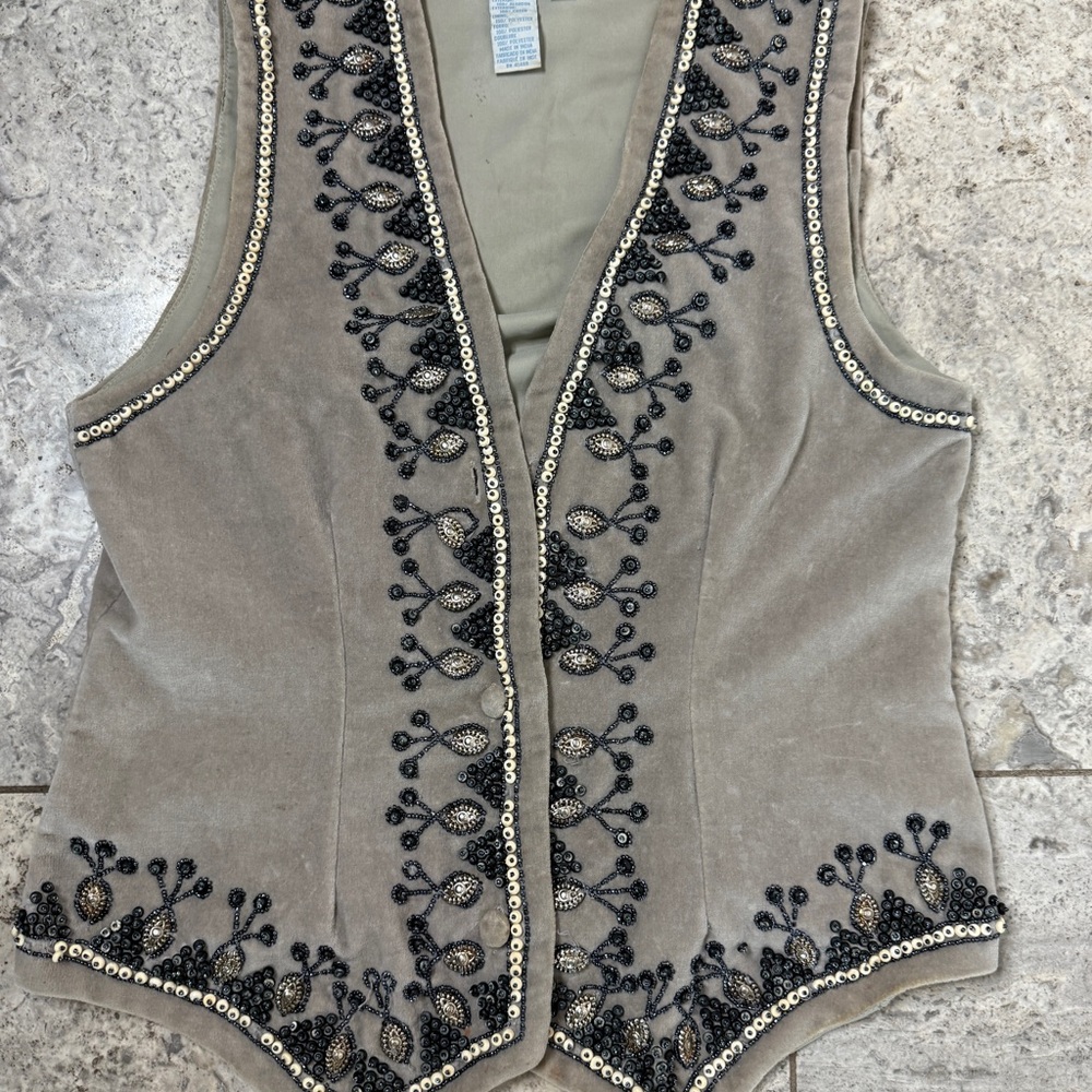 Embroidered Women's Vest - Beaded Taupe Vest size Small (oversized) see meas